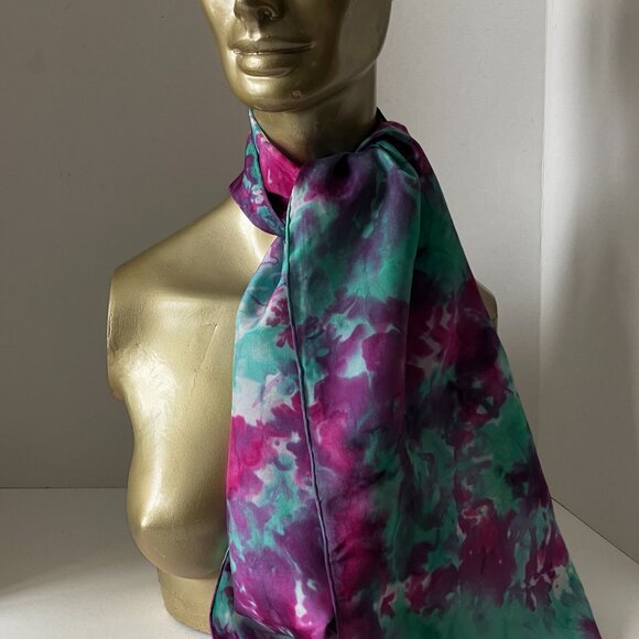 VTG 80s Silk Scarf Handpainted Pink and Green 54" X 10" Filmy Flowy Silk - Picture 3 of 10